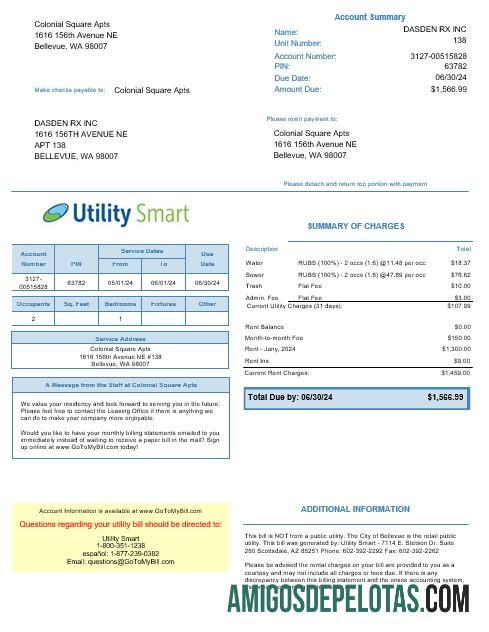 Em branco modelo de fatura de serviços públicos inteligentes de serviços públicos dos EUA Arizona em formatos Word e PDF